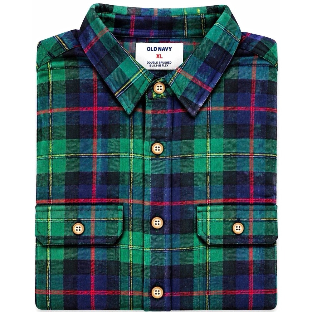 Old Navy Mens XL Green Navy Plaid Flannel Shirt Long Sleeve Cotton Button Up NWT